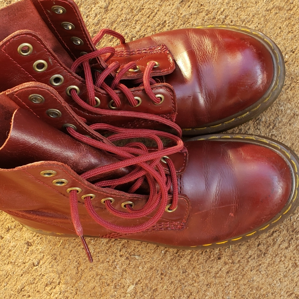 Cherry red Dr. Martens. 6US, 4UK